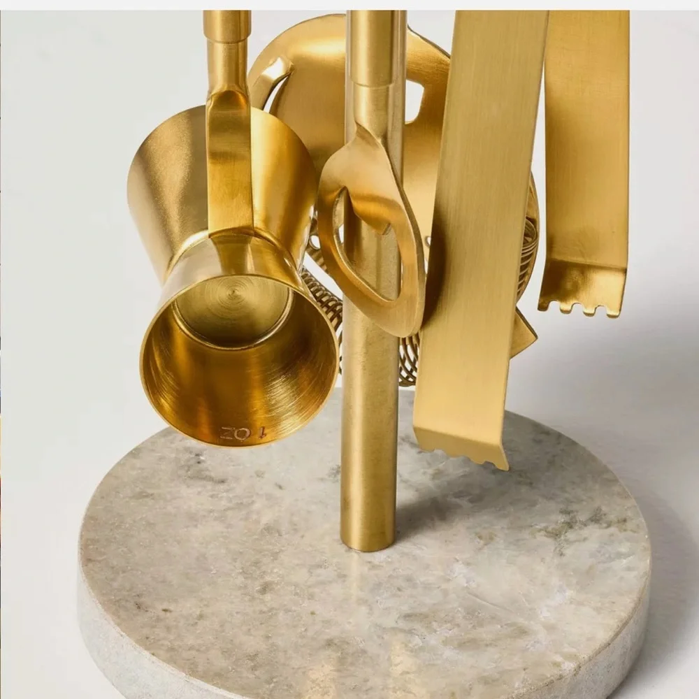 5pc Brass Bar Marble Tool Set with Stand Cocktails Barware - Hearth & Hand NEW